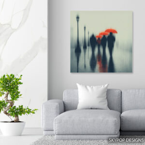 Red Umbrellas in Rain Art