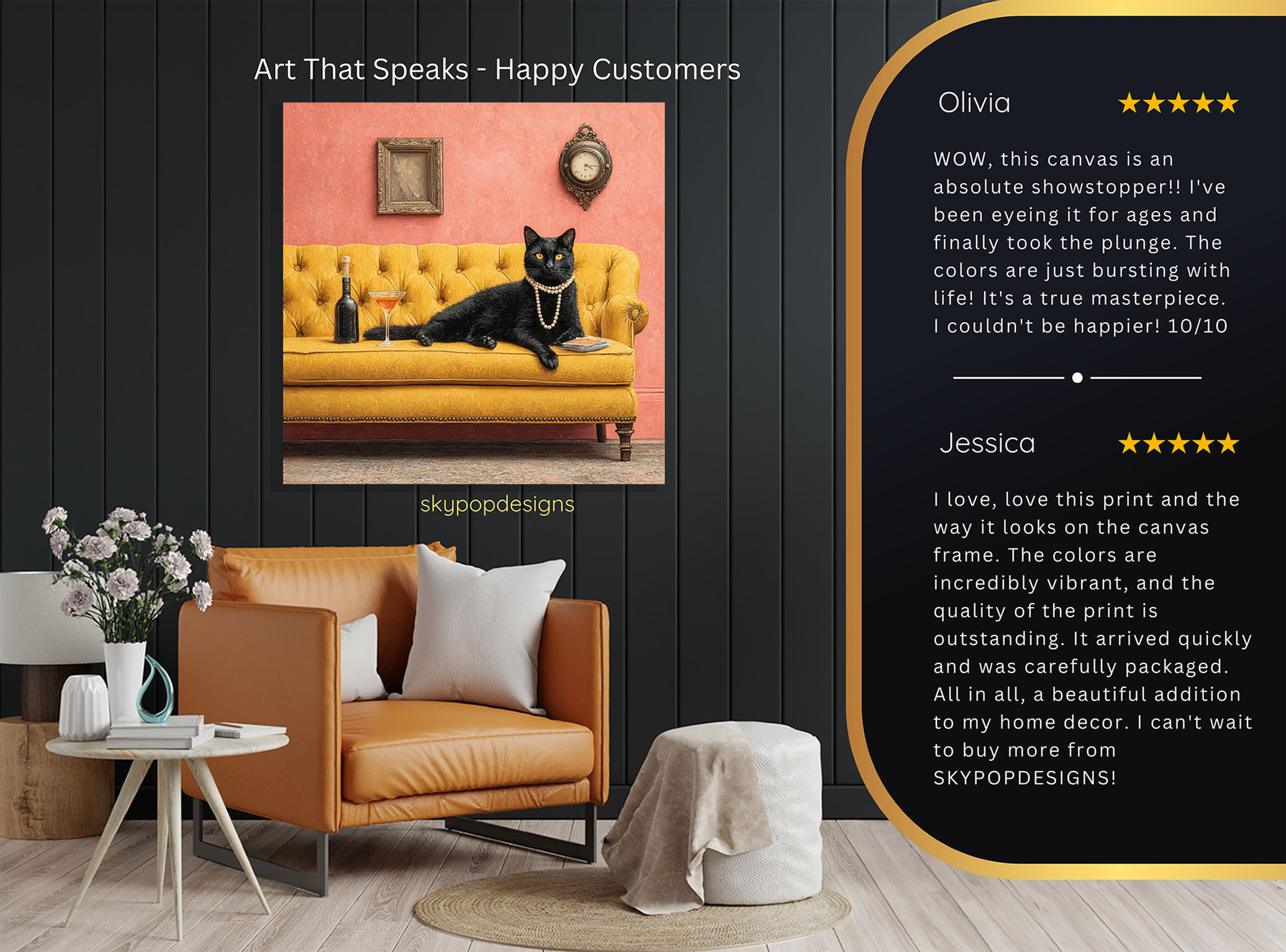 8.jpg Cat Art - Poster or Canvas - Contemporary Glam Bohemian Decor - Living Room Bedroom Game Room Entryway Wall Art - Black Gold Pink Multicolor