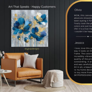 Golden Blue Floral Burst Art