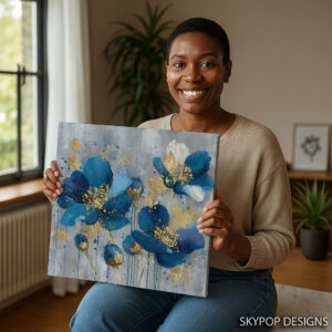 Golden Blue Floral Burst Art