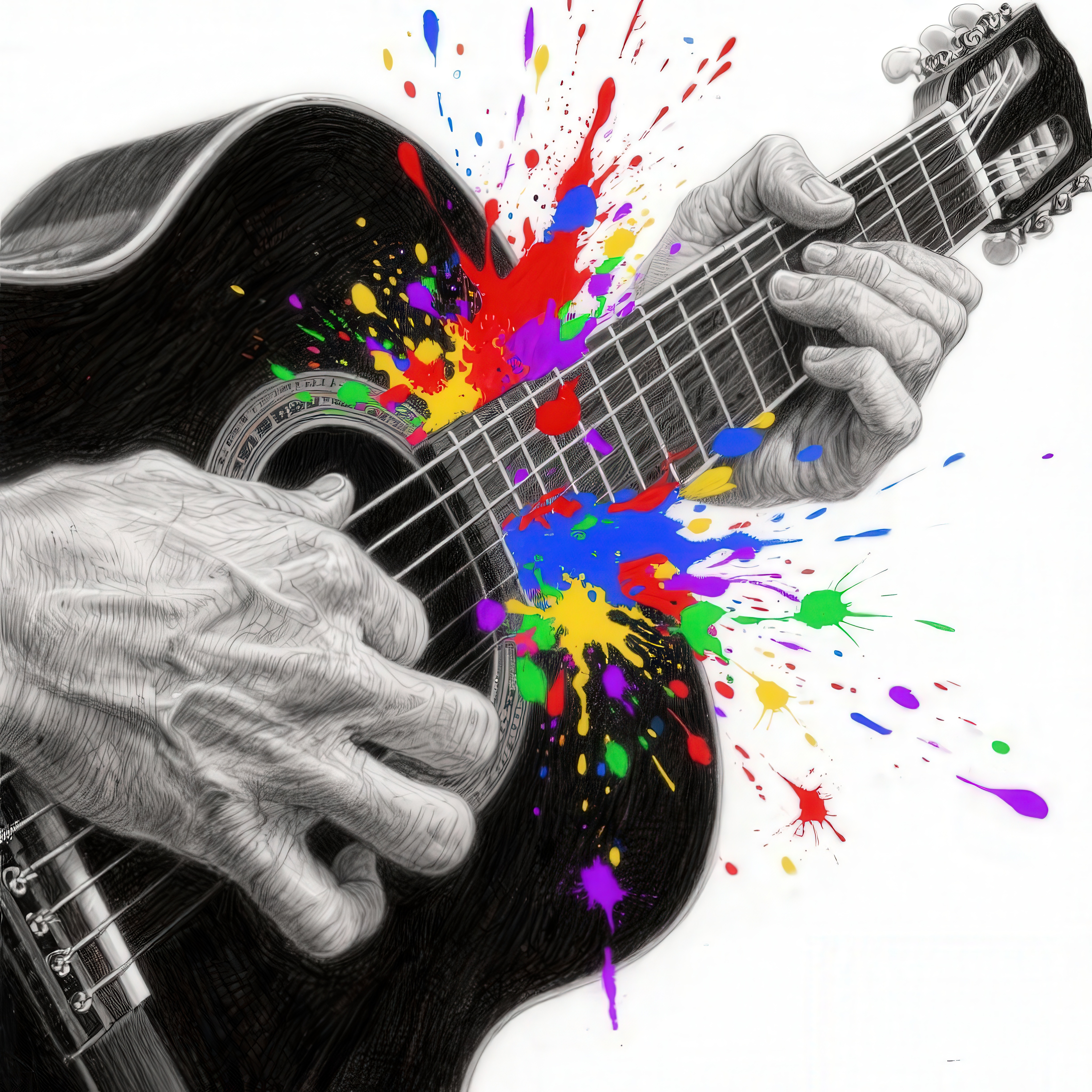 Guitar with colorful paint splashes