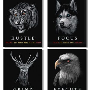Motivational Wall Art Set of 4 - Hustle Focus Grind Execute Framed Canvas Prints | Office Decor
